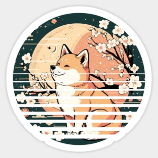 Shiba Inu Dog, Retro Sunset Style, Cherry Blossom, Japanese Sticker